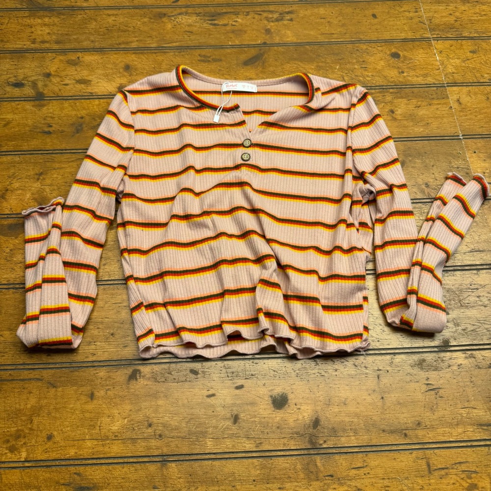 ROMWE Striped Ribbed Cropped Henley Top Pink Orange Yellow Black‎ Size M